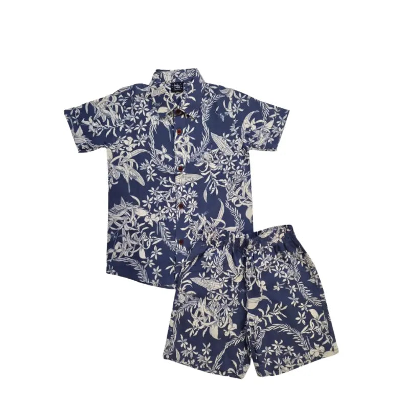 Woven shirt with shorts set| Ink blue cream flower print