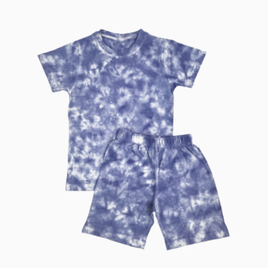 Premium| T-shirt with Shorts sets| Hand Tie-dyed | BSET | Ink blue with white mixed print