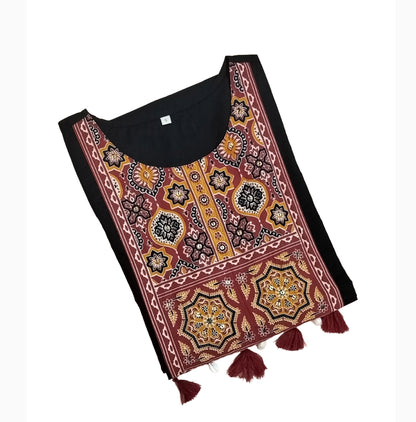 Women Kurti | Black with Kalamkaari star print in yoke | Only kurti