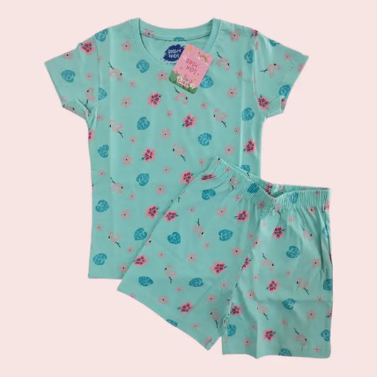 Girls Shorts Set | Leaf swan in light green
