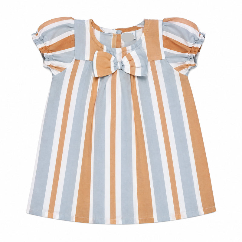 Infant Frocks for girls with lining | White orange and grey mixed stripes print