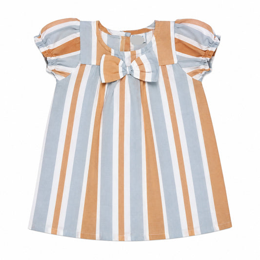 Infant Frocks for girls with lining | White orange and grey mixed stripes print