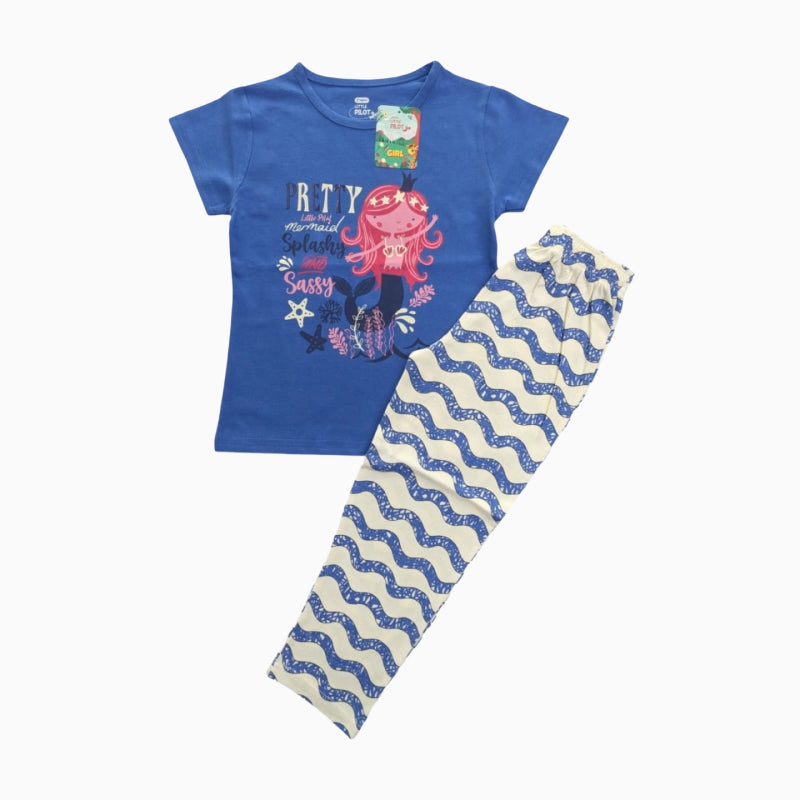 Girls Pant Set | Light blue pretty girl print