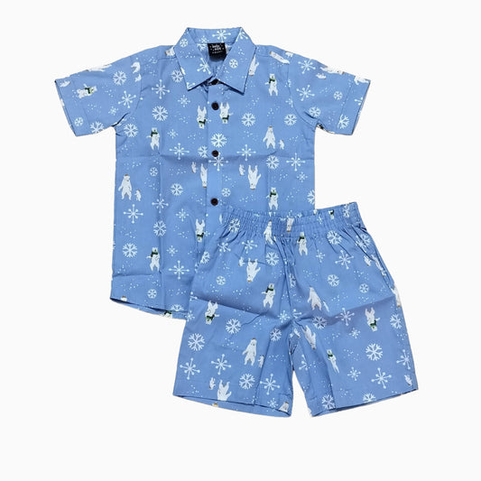Woven shirt with shorts set| Light  blue with winter season print