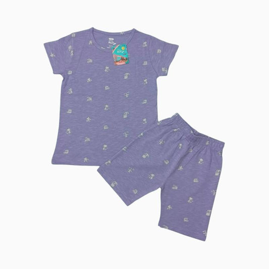Girls Shorts Set | Light lavender with beach print