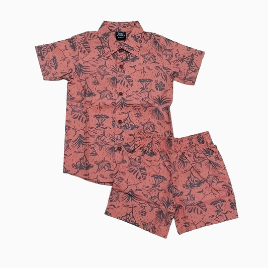 Woven shirt with shorts set| Light peachish orange with leaves print