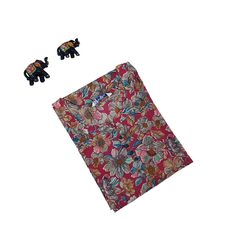 Women Kurti | Straight cut | Pink base with florals and blue potli in yoke