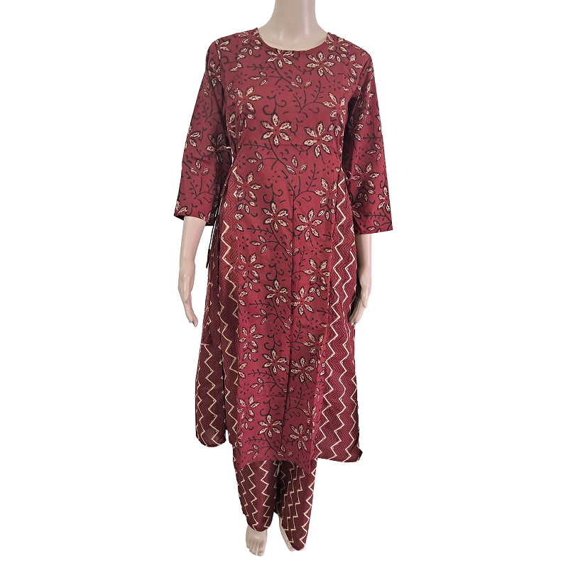 Women kurti with pant | Cotton Dual print Frill Kurti Palazzo set |Maroon Pattern | FRILLKURTI
