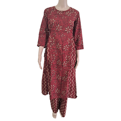 Women kurti with pant | Cotton Dual print Frill Kurti Palazzo set |Maroon Pattern | FRILLKURTI