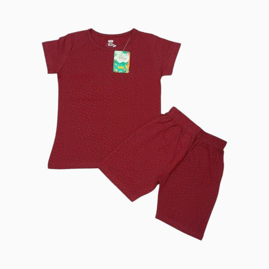 Girls Shorts Set | Maroon red with mini blue lines print
