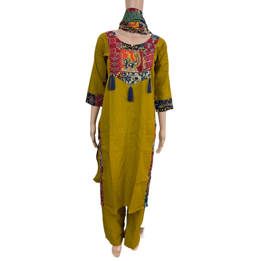 Women mirror and patch work kurti with palazzo pant and dupatta | Mustard color 3 piece sets | Dabuset