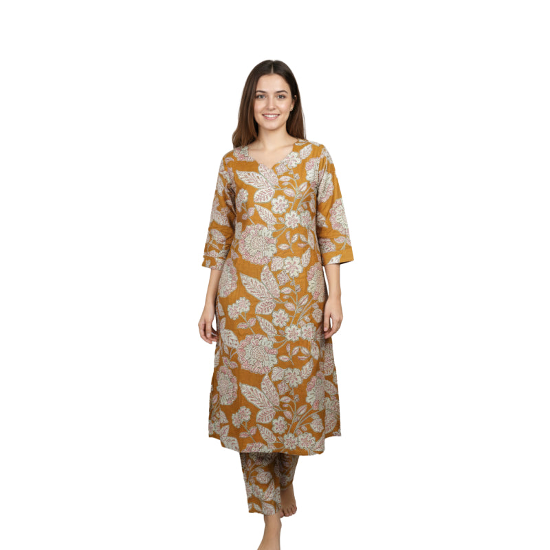 Women kurti with pant | co-ord set | Dark mustard leaves/floral print