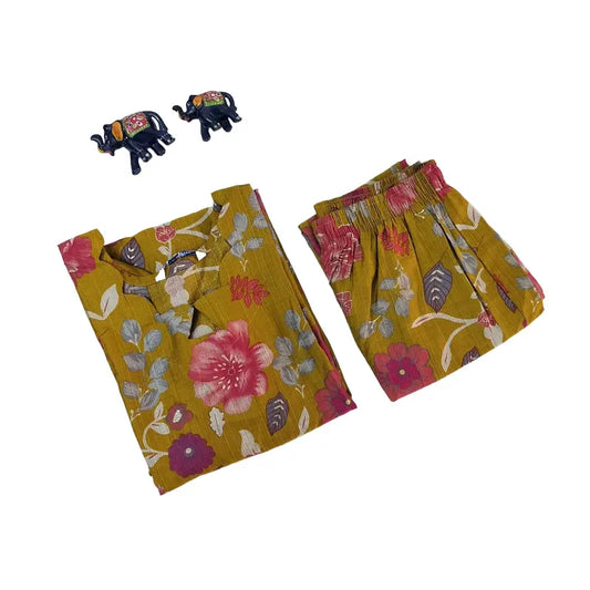 Women kurti with pant | co-ord set | Mustard yellow in flower print