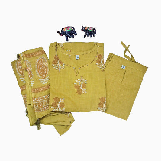 Women kurti with pant and dupatta | A line with princess cut | Mustard brown mini floral print