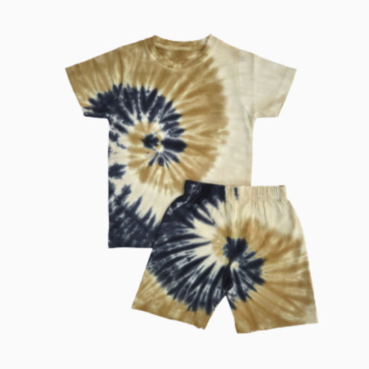 Premium| T-shirt with Shorts sets| Hand Tie-dyed | BSET | Mustard sandal and navy mixed print