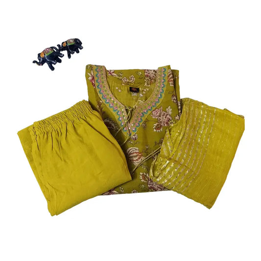 Women kurti with pant and dupatta | Straight cut | Mustard yellow with floral print