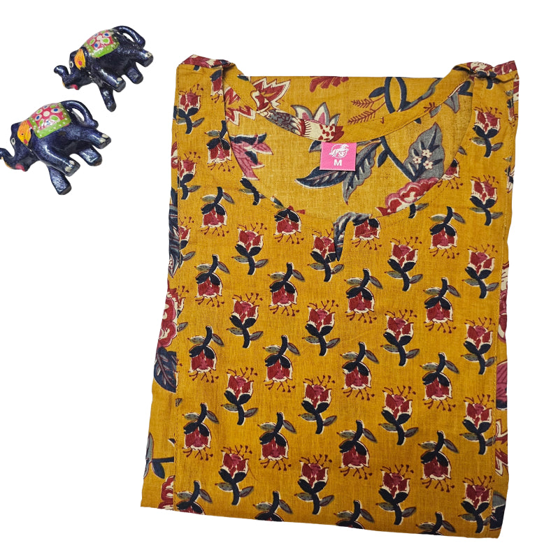 Women Kurti | Straight cut | Mustrad Yellow with floral print
