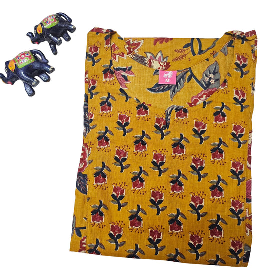 Women Kurti | Straight cut | Mustrad Yellow with floral print