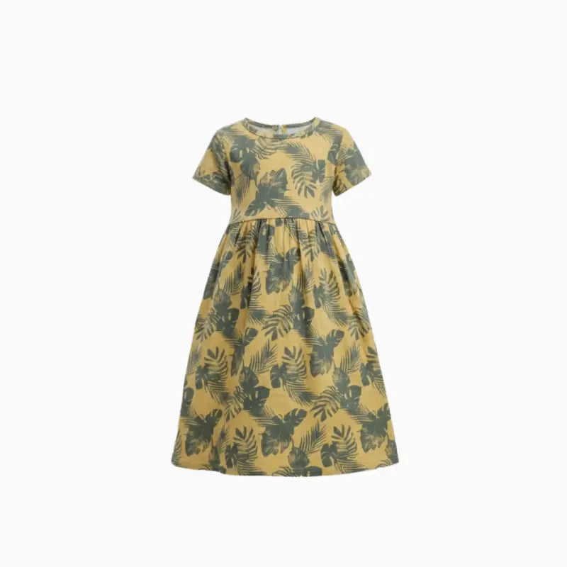 Cotton Frocks  | Mustard with green leaf print