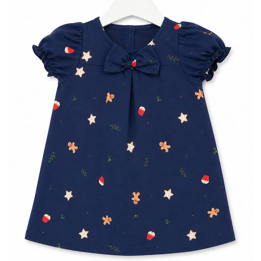 Infant Frocks for girls with lining |Navy Blue Gingerbread & Star Print Dress