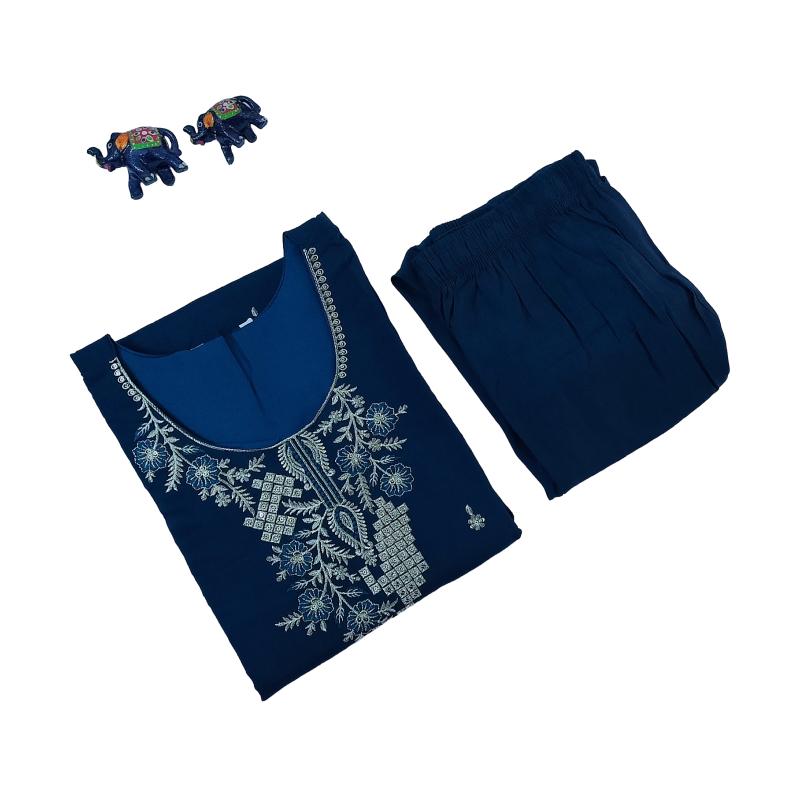 Women kurti with pant | Peacock blue with beautiful thread/zari embroidery in yoke