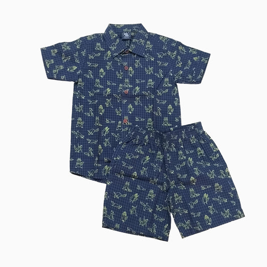 Woven shirt with shorts set| Navy blue with fox print