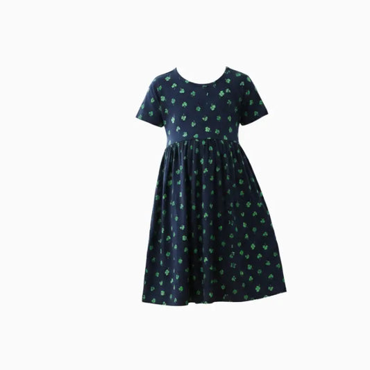 Cotton Frocks  | Navy blue with green design flower
