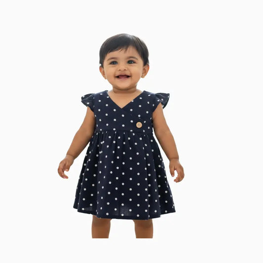 Muslin cross Frocks | Navy blue with white polkha print