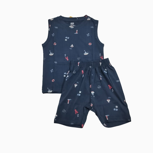 Sleeveless T-shirt with shorts | Co-ord Sets| SLSET | Navy with boat print