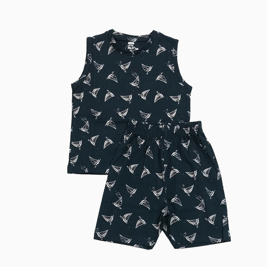 Sleeveless T-shirt with shorts | Co-ord Sets| SLSET | Navy with ship print