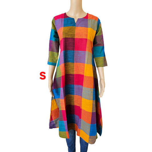 Women Kurti Top | Aline cut small checks blue with yellow | only kurti top | MADRASCHECKS