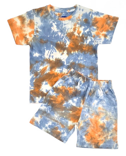 Premium| T-shirt with Shorts sets| tiedyeset | BSET |Blue with Orange  mixed print