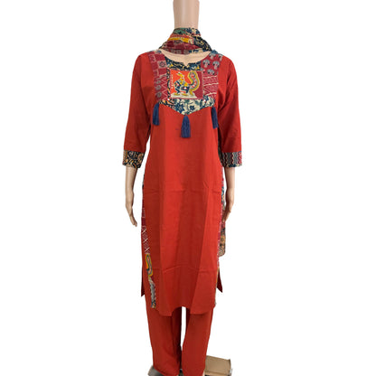Women mirror and patch work kurti with palazzo pant and dupatta | Brick Orange color 3 piece sets | Dabuset
