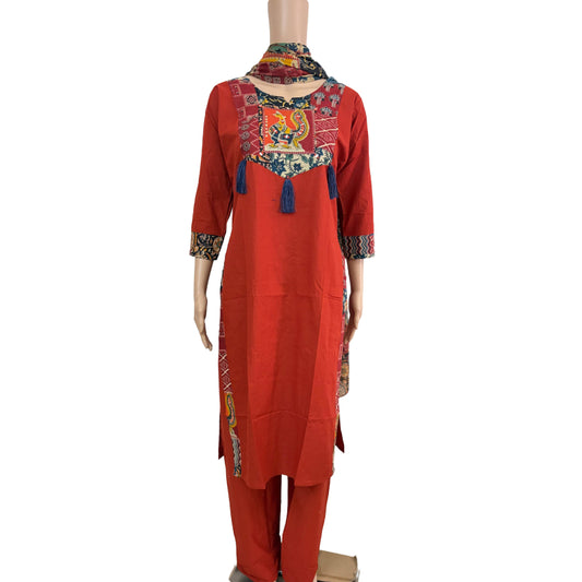 Women mirror and patch work kurti with palazzo pant and dupatta | Brick Orange color 3 piece sets | Dabuset