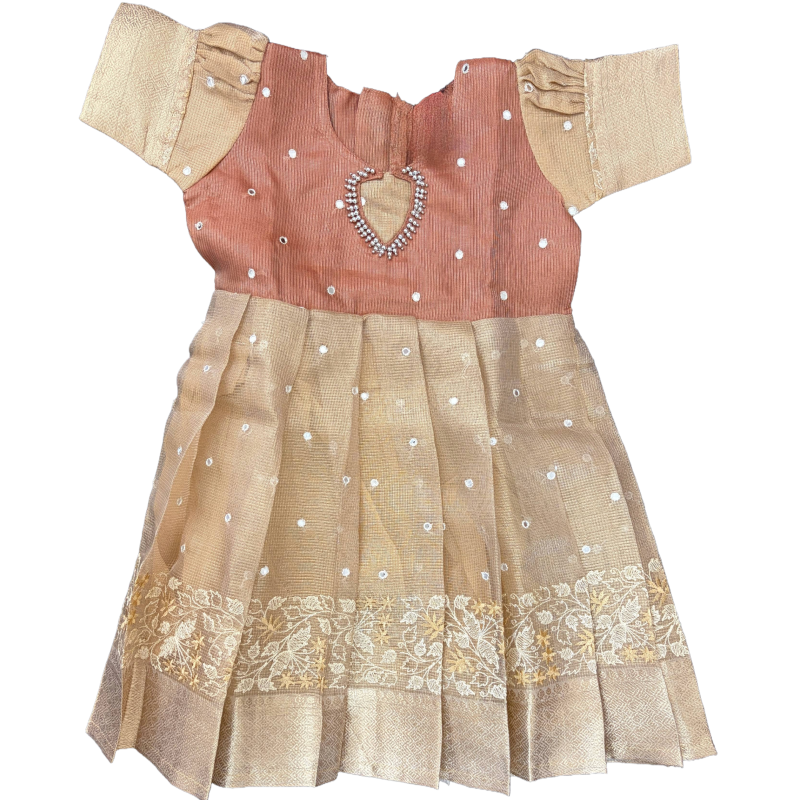 Girls Ethnic Kota Silk Frock | Golden Checks with light brownish mirror work