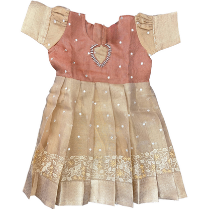 Girls Ethnic Kota Silk Frock | Golden Checks with light brownish mirror work