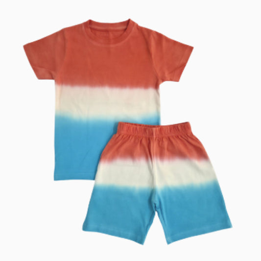 Premium| T-shirt with Shorts sets| Hand Tie-dyed | BSET | Orange white and blue mixed print