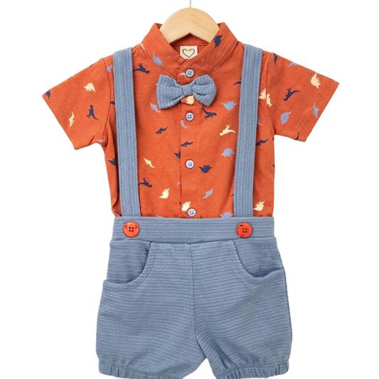 Baby Boy Suspender set | Orange with dino print