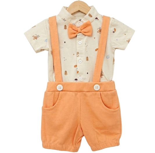 Baby Boy Suspender set | Orange with mini tree print