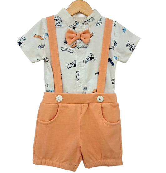 Baby Boy Suspender set | Orange with skaters print