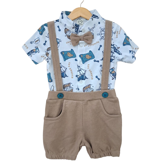 Baby Boy Suspender set | Pastel brown with Treasure hunt  print
