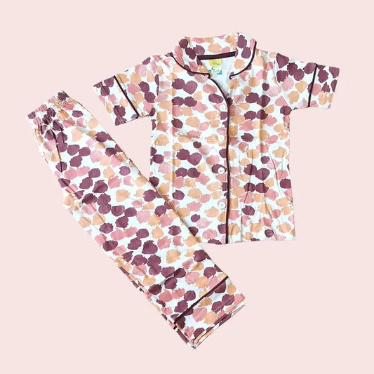 Kids Night Pant Set | Peach with brown dots print