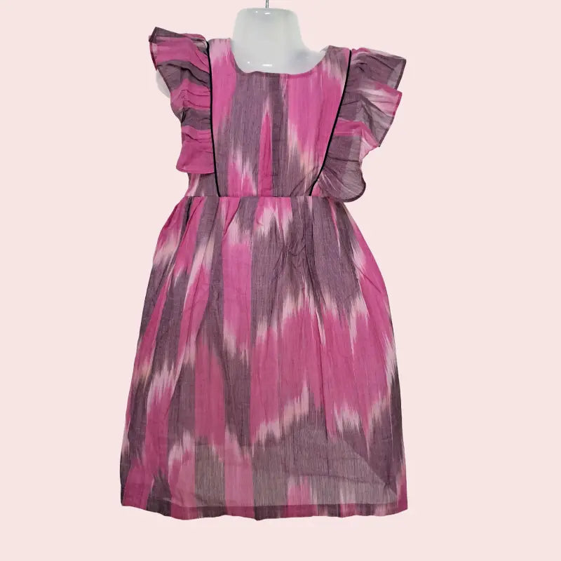Cotton Ikkat Frocks | Pink with purple and black piping
