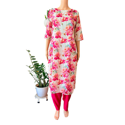 Women kurti with pant | Linen Cotton with lining | Rani pink florals
