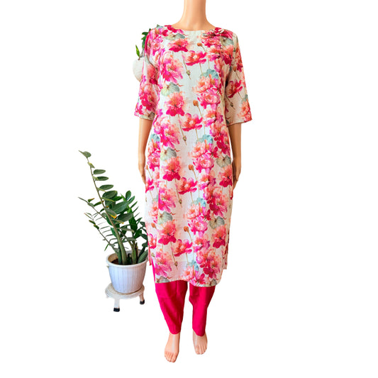 Women kurti with pant | Linen Cotton with lining | Rani pink florals