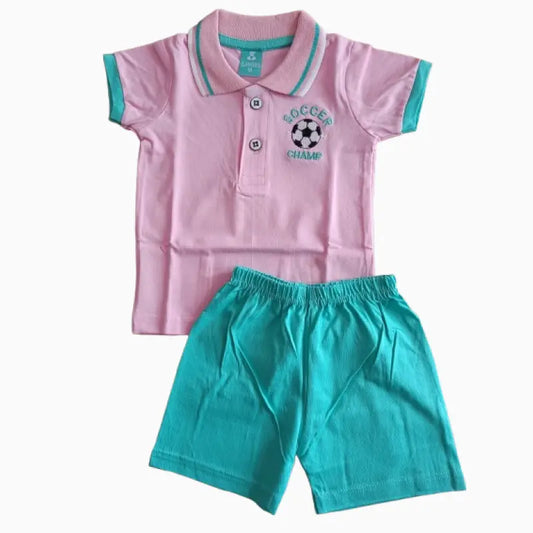 Kids Collar T-shirt with shorts sets| Pink soccer champ