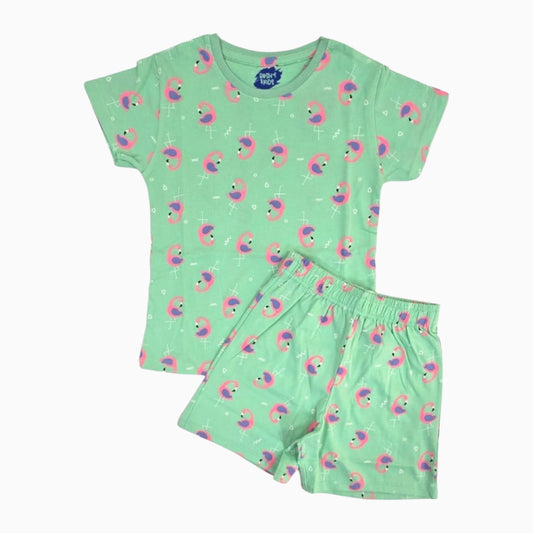 Girls Premium Shorts Set | Pista green with pink and purple swan print