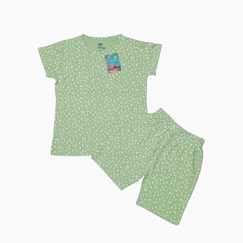 Girls Shorts Set | Pista green with polkha dots print