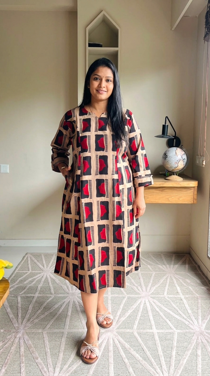 Women Kurti | Princess cut Red maroon and black geometrical patterns | only kurti top | ALINETOP