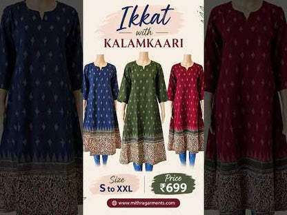 Women Kurti Top | Ikkat with kalamkaari  Aline cut | only kurti in seaweed Green